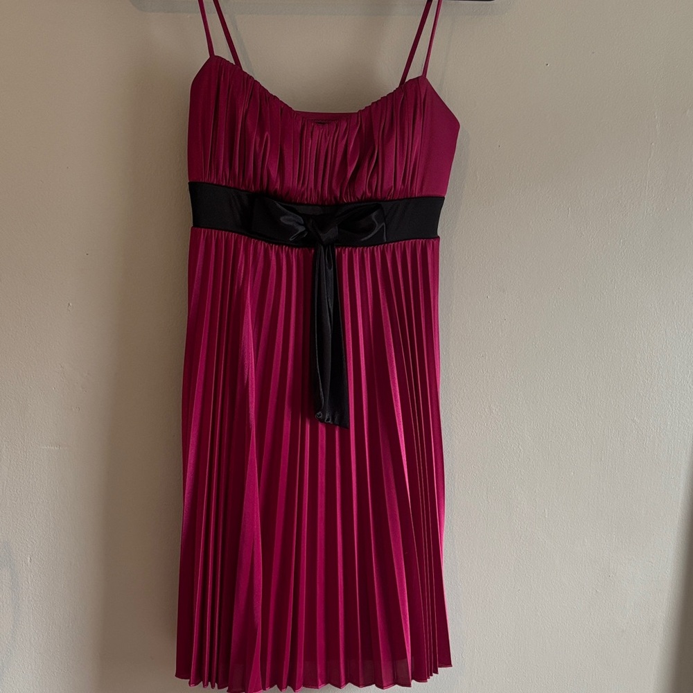 Magenta Pleated Spaghetti Strap Dress with Black Sash